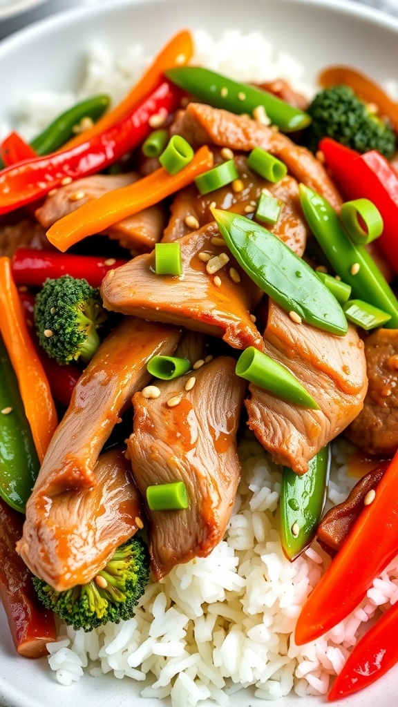 Duck Stir-Fry Recipe A colorful duck stir-fry with vegetables served over rice, garnished with sesame seeds and green onions.